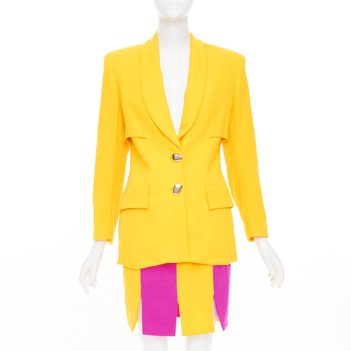 TAHARI Vintage yellow fuchsia block tiered blazer skirt suit set US 6 M