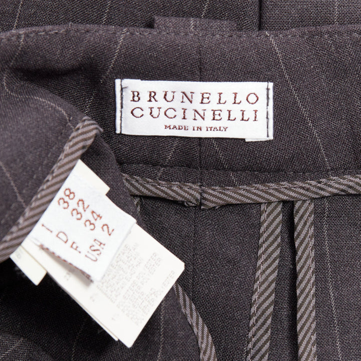 BRUNELLO CUCINELLI grey virgin wool blend pinstripe cuffed crop trousers IT38 XS