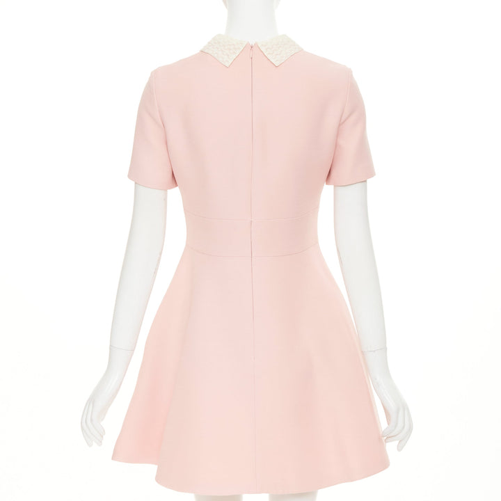 CHRISTIAN DIOR cream lace collar blush pink wool silk fit flare dress FR38 M