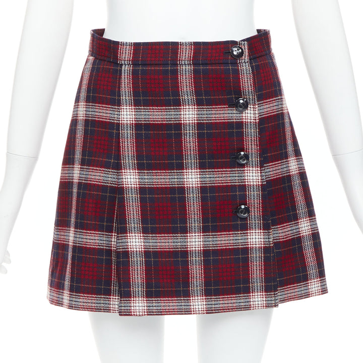 DIOR 2021 red navy virgin wool plaid silk lined A-line skirt FR34 XS