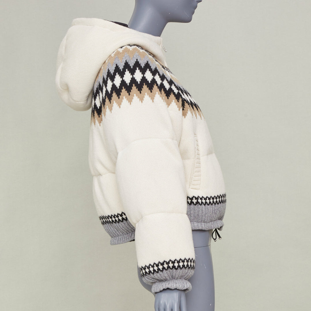PRADA 2021 On Ice Jacquard Intarsia Logo ivory wool blend puffer jacket IT42 M