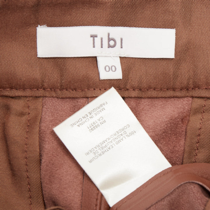 TIBI reddish brown lambskin leather pleated high waisted cropped pants US00 XXS