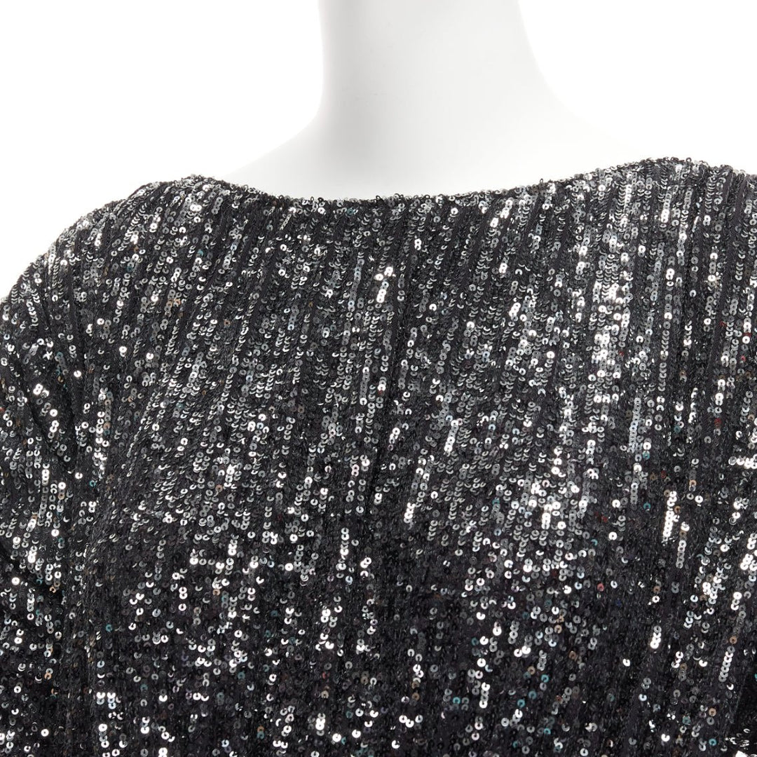 SAINT LAURENT 2020 silver black gradient sequins cropped mini bateau dress XS