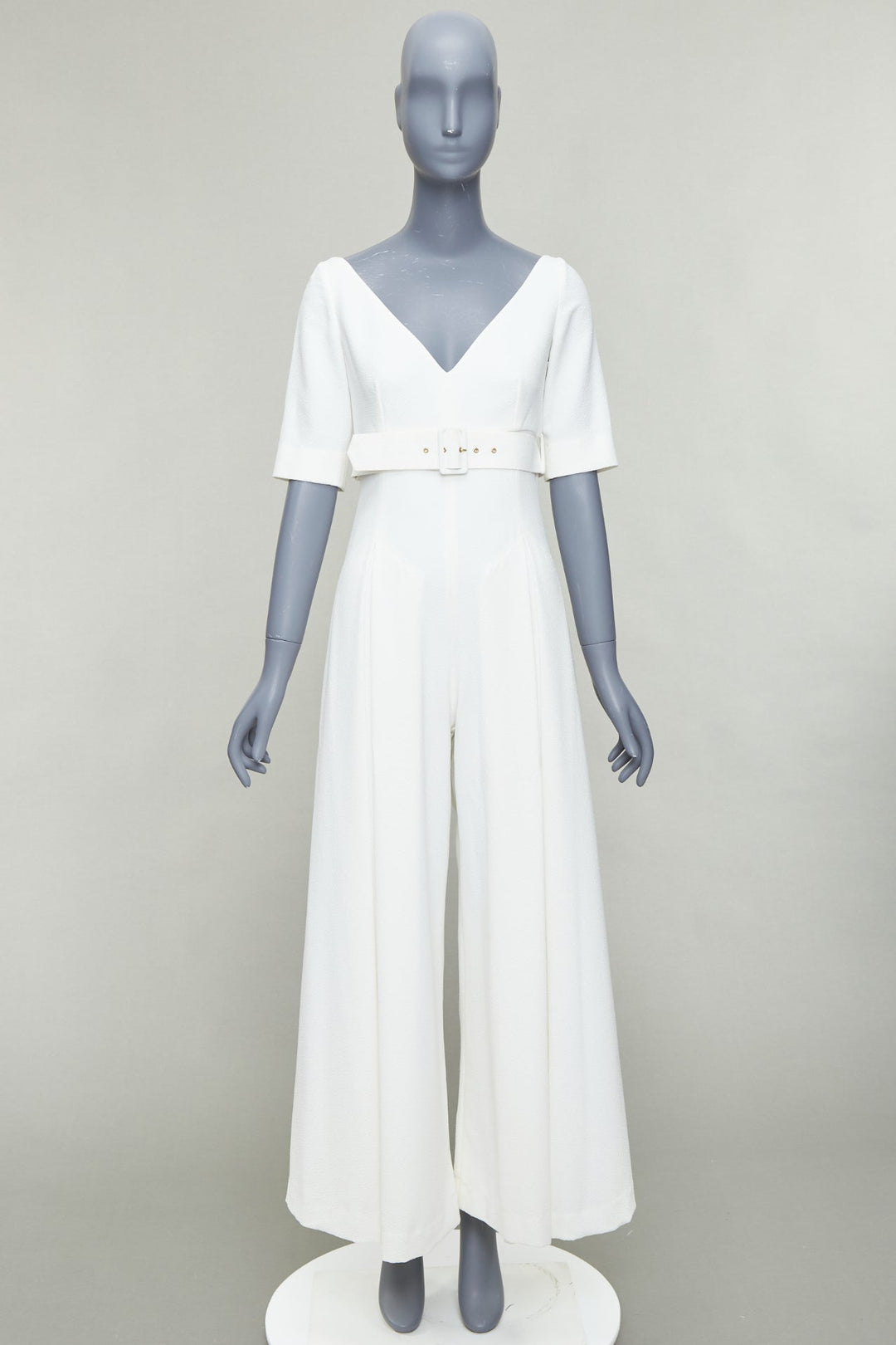 EMILIA WICKSTEAD cream cloque wide leg v neck belted jumpsuit UK8 S