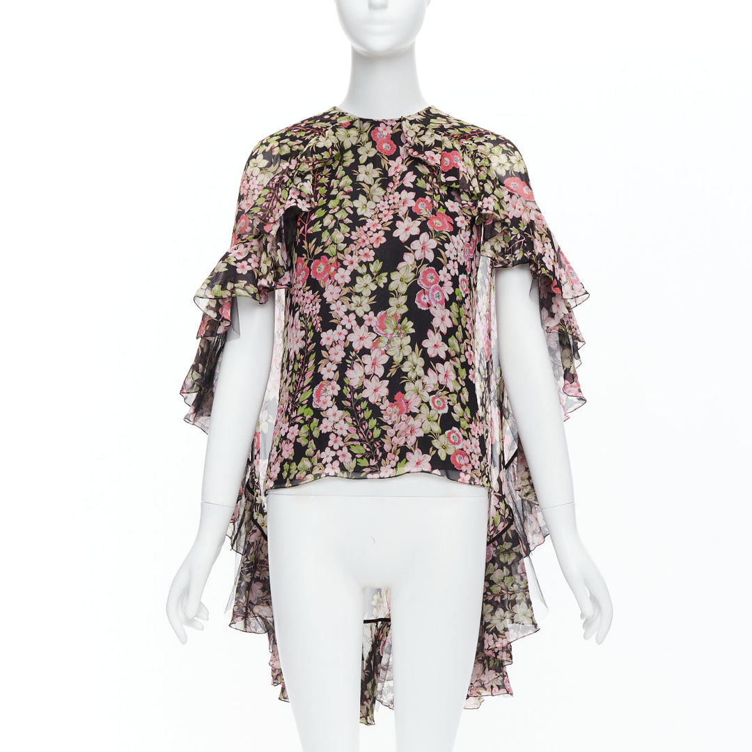 GIAMBATTISTA VALLI pink green floral 100% silk cape back chiffon top IT38 XS