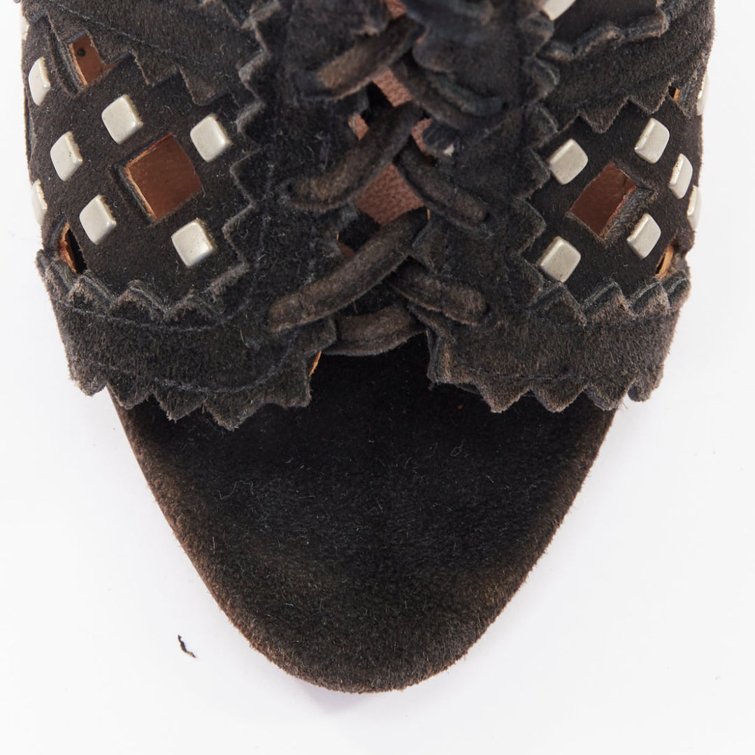 ALAIA black suede laser cut diamond lattice studded cage ankle booties EU35