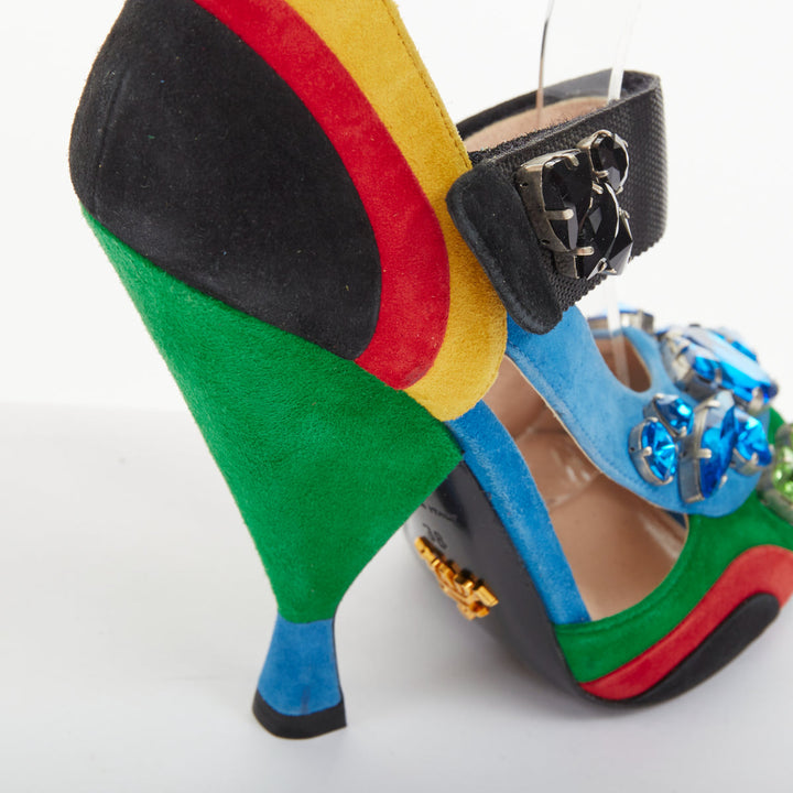 rare PRADA 2014 Runway asymmetric jewel colorblock suede heel sandals EU38 US8