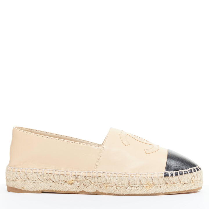 CHANEL nude lamb leather CC logo black toe cap espadrille shoes EU37