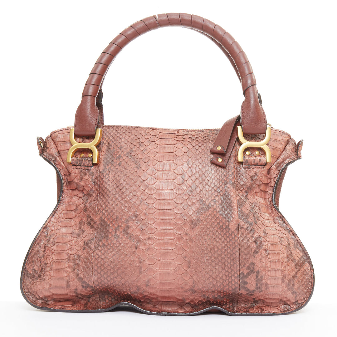 CHLOE Marcie Medium reddish brown snakeskin gold hardware satchel handbag