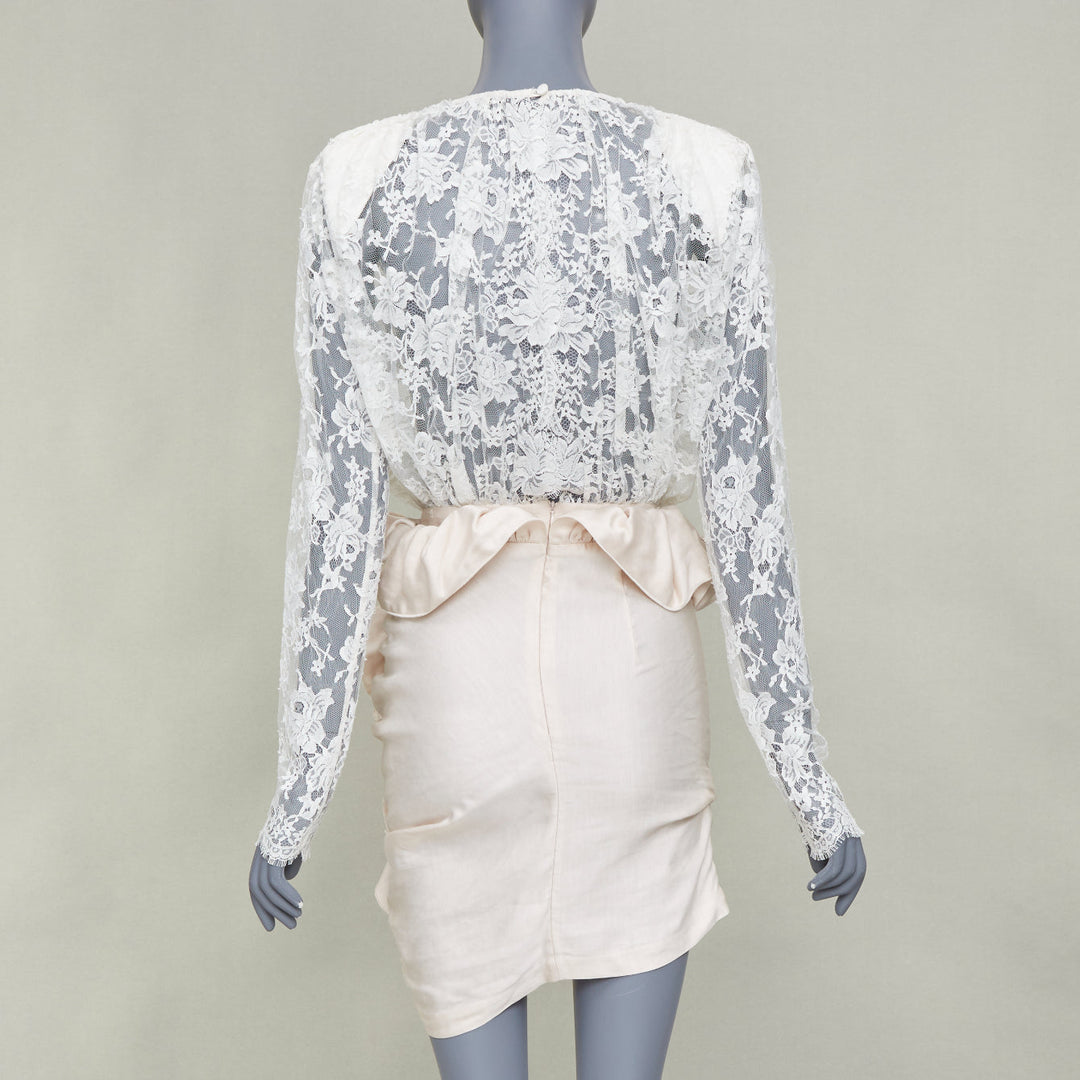 MAGDA BUTRYM Bridal Floral white lace ruffle draped satin mini dress FR34 XS