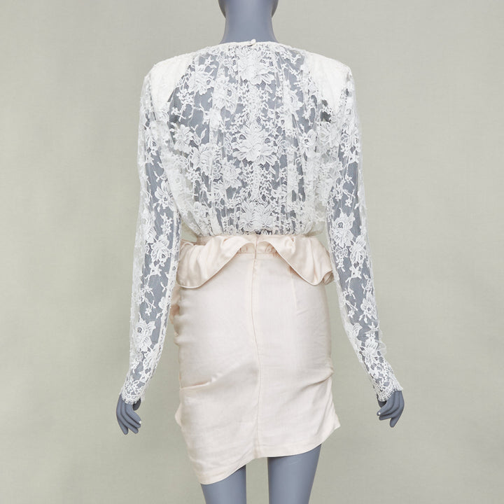MAGDA BUTRYM Bridal Floral white lace ruffle draped satin mini dress FR34 XS
