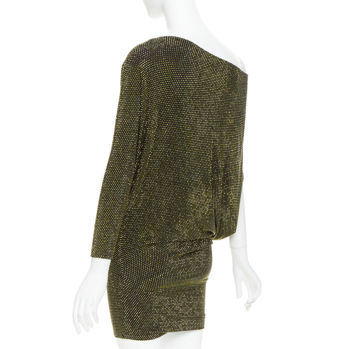 ALEXANDRE VAUTHIER black gold strass crystal asymmetric one shoulder mini dress