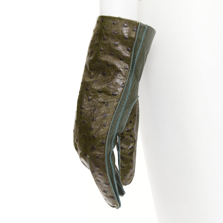 BOTTEGA VENETA dark green ostrich-effect buf goatskin cashmere lined gloves Sz.8