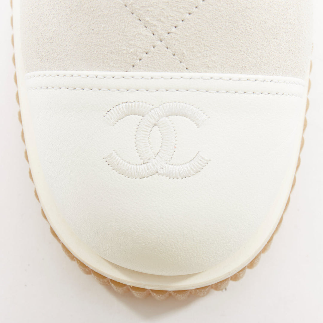 CHANEL 2020 white CC grey suede calfskin quilted combat boots EU38