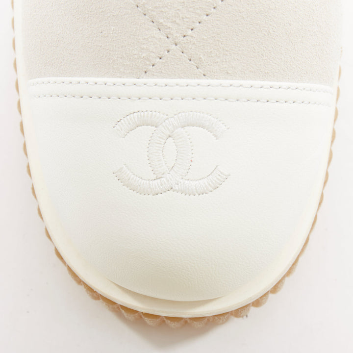 CHANEL 2020 white CC grey suede calfskin quilted combat boots EU38