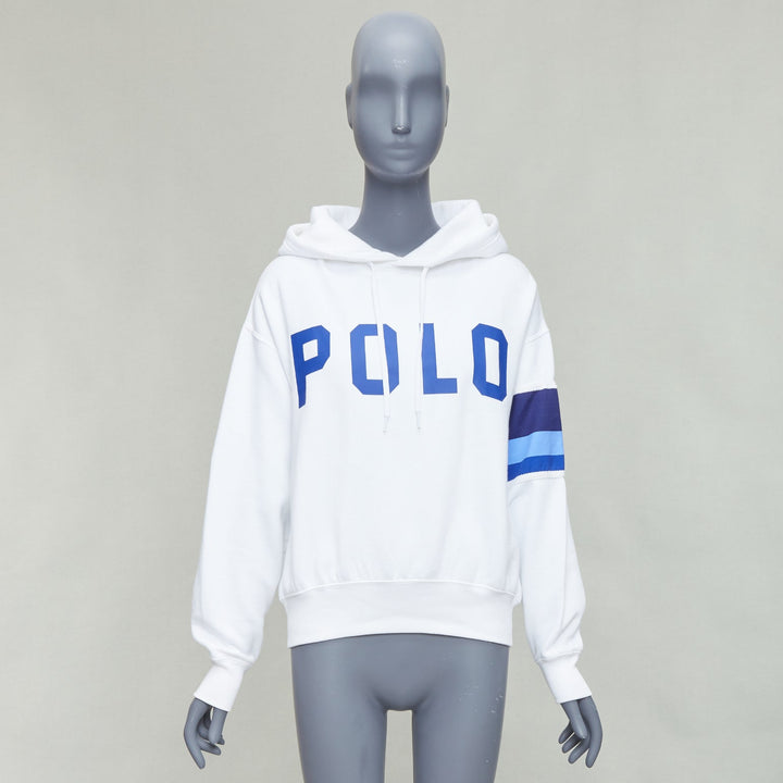 POLO RALPH LAUREN white blue cotton blend logo stripe arm hoodie XS