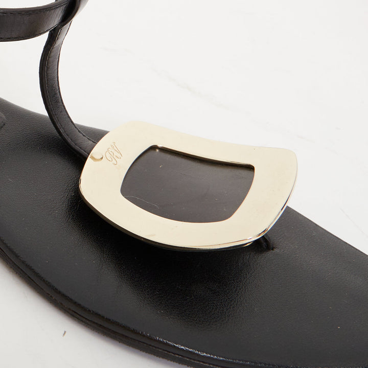 ROGER VIVIER Bikiviv black leather gold buckle tstrap comfort thong sandals EU37