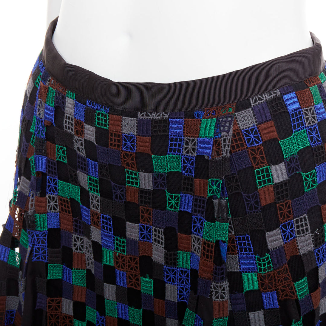 SACAI 2016 blue green square eyelet embroidery cotton blend flared skirt JP1 S