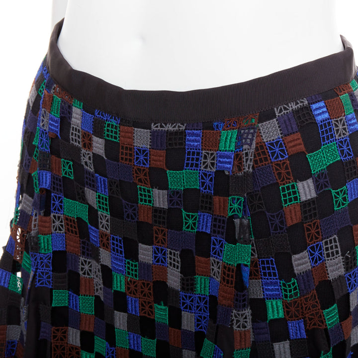 SACAI 2016 blue green square eyelet embroidery cotton blend flared skirt JP1 S