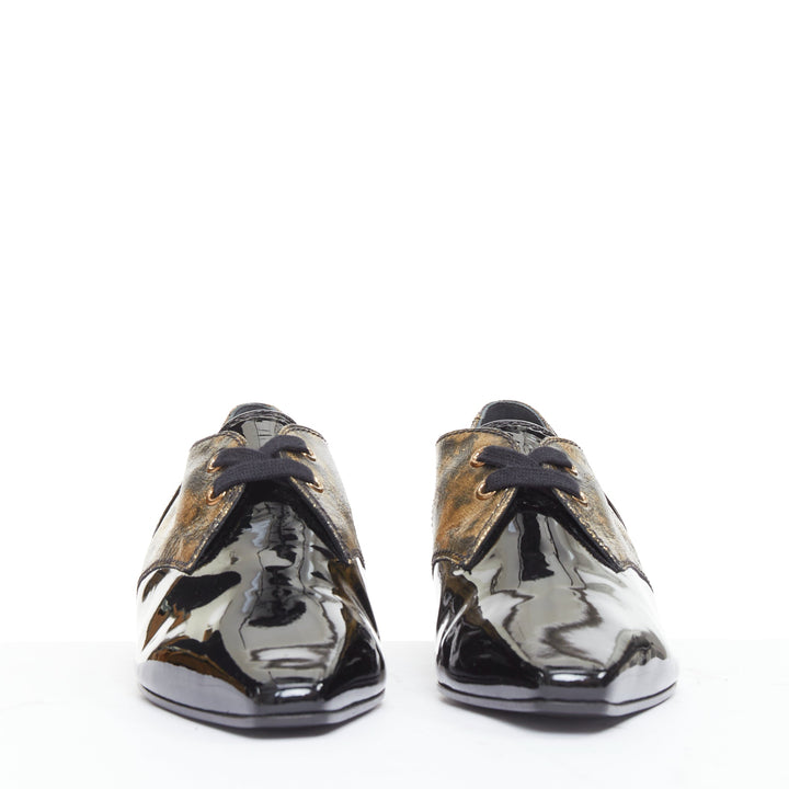 CHANEL 2018 Runway Forest Fairies black gold pointed square toe CC oxford EU38.5