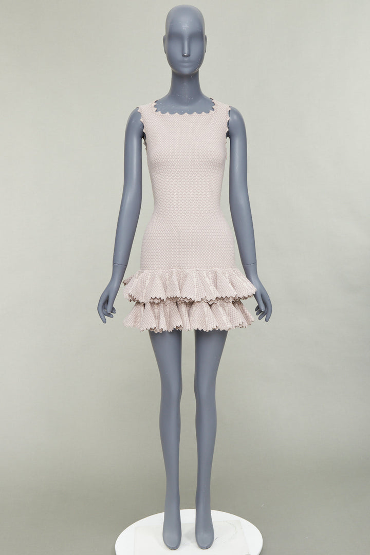 ALAIA  2011 pink beige textured dot weave scalloped ruffle mermaid dress FR36 S