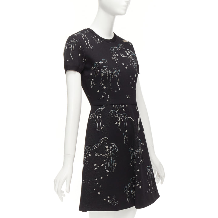 VALENTINO black glitter cloud star jacquard short sleeve fit flare dress S