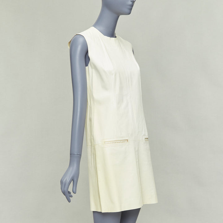 OLD CELINE Phoebe Philo cream kangaroo leather pocketed shift dress FR36 S