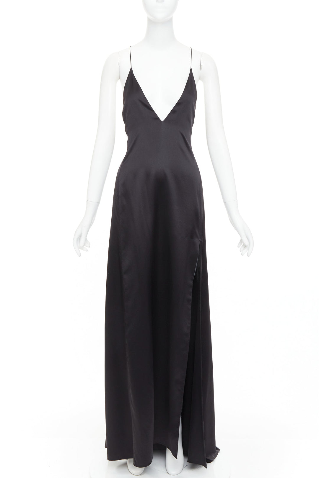 SAINT LAURENT 2022 Runway black silk plunge open back high slit slip gown FR38 M