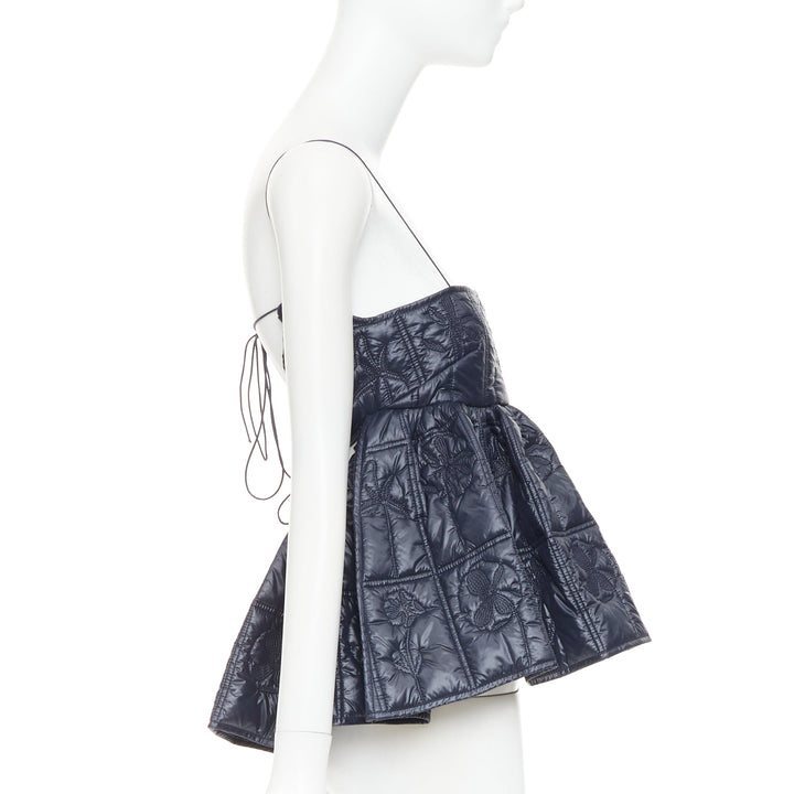 CECILIE BAHNSEN Celina navy floral quilted nylon peplum babydoll top UK6 XS