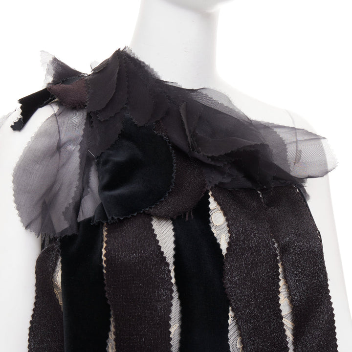 RODARTE 2007 Runway Vintage black velvet ribbon lace layered midi dress UK8 S