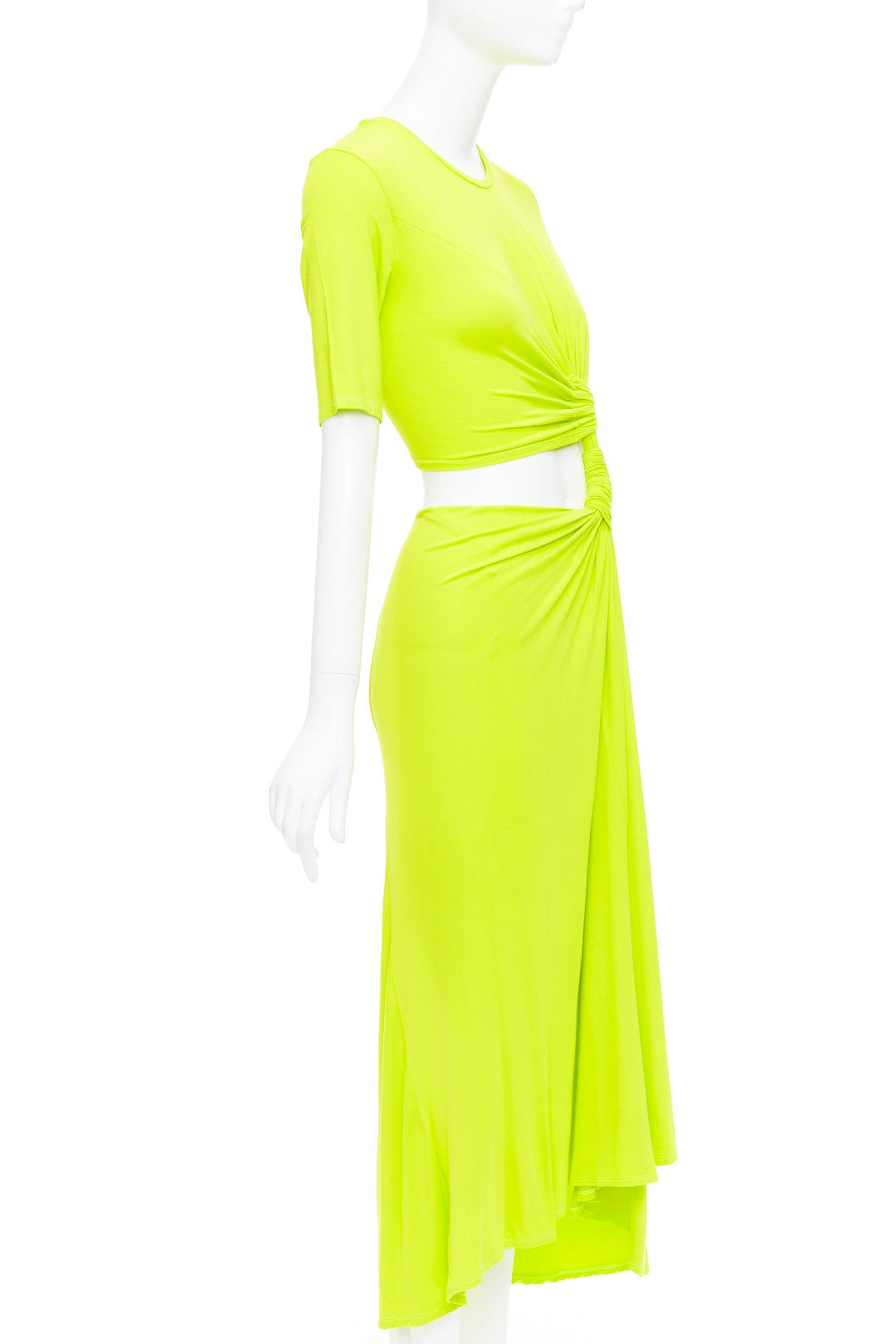 SID NEIGUM neon yellow stretch satin twist cut out draped dress XS