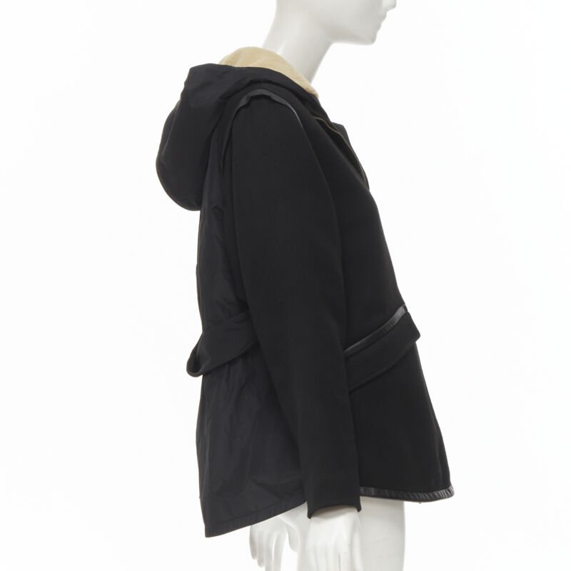 MAJE black fully shearling lined leather trim flared back coat FR36 S