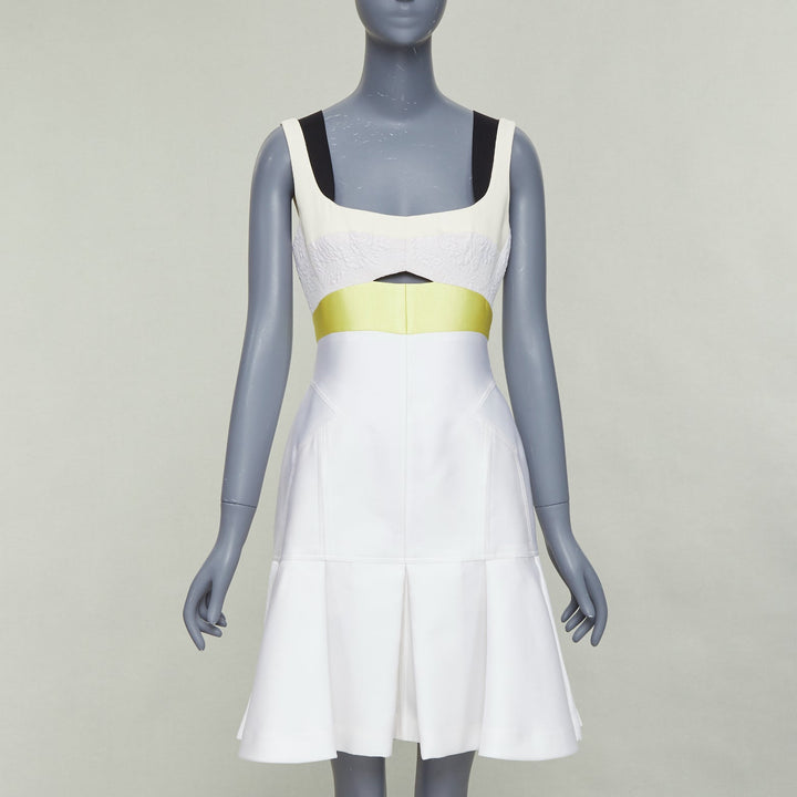 J MENDEL 2014 Runway cream yellow black silk panelled scoop cocktail dress US4 S
