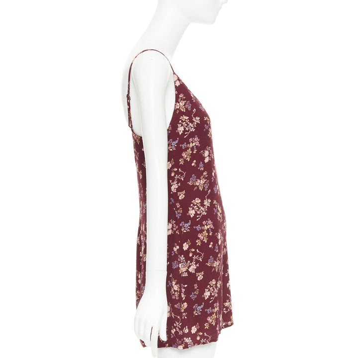 REFORMATION Marlowe burgundy viscose floral print high slit mini dress US0 XS
