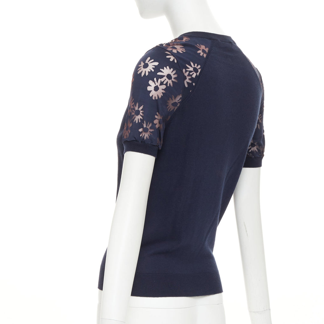NINA RICCI navy viscose cotton sheer floral sleeve henley pullover sweater S