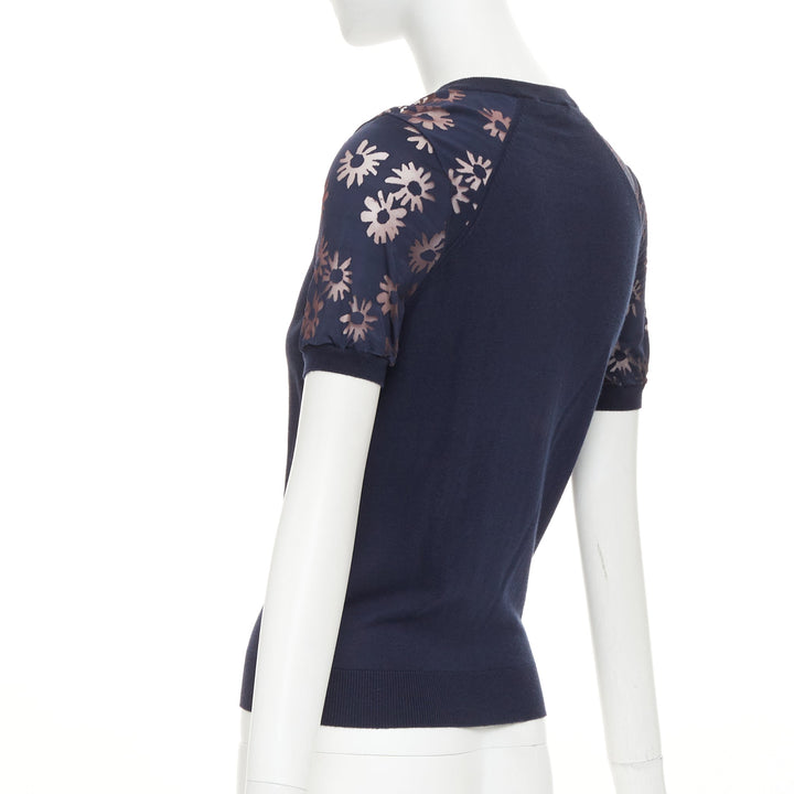 NINA RICCI navy viscose cotton sheer floral sleeve henley pullover sweater S