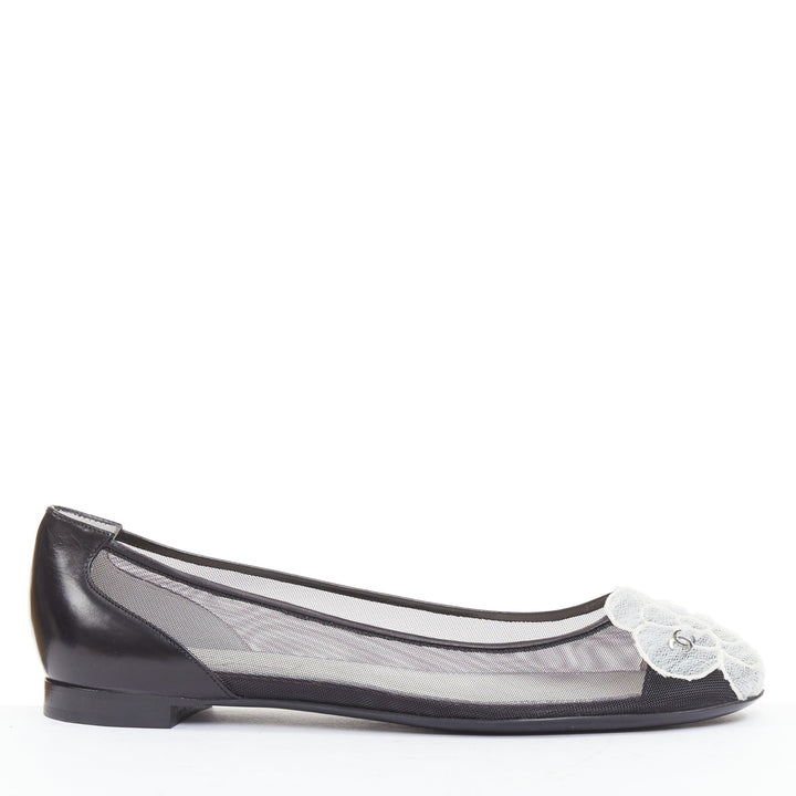 CHANEL 2009 G26433 black sheer mesh leather camellia CC ballerina flats EU37.5