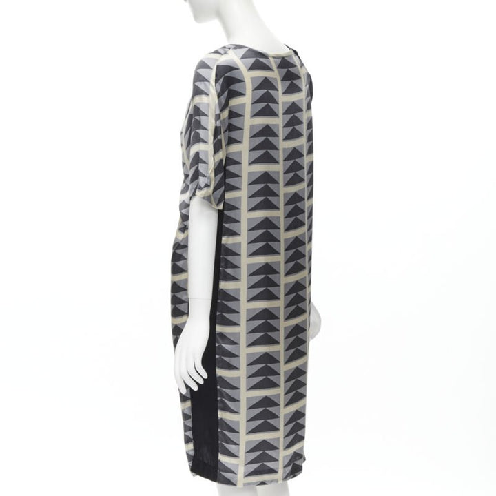 DRIES VAN NOTEN blue grey geometric print asymmetric draped sleeve dress FR36 S