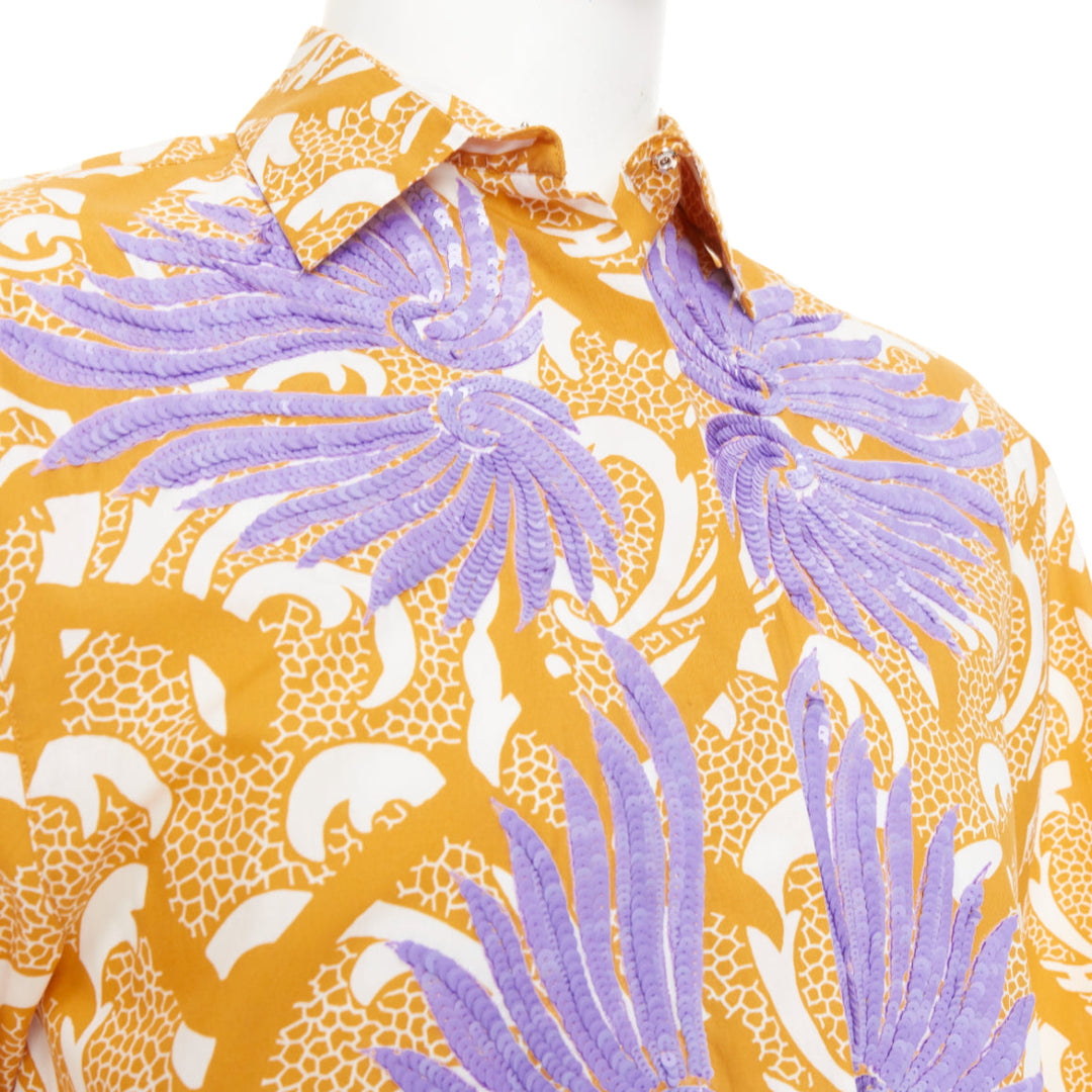 DRIES VAN NOTEN yellow lilac sequin embroidered short sleeve bowling shirt S