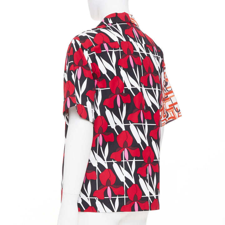 PRADA 2021 Runway Double Match geometric iris red floral split bowling shirt M