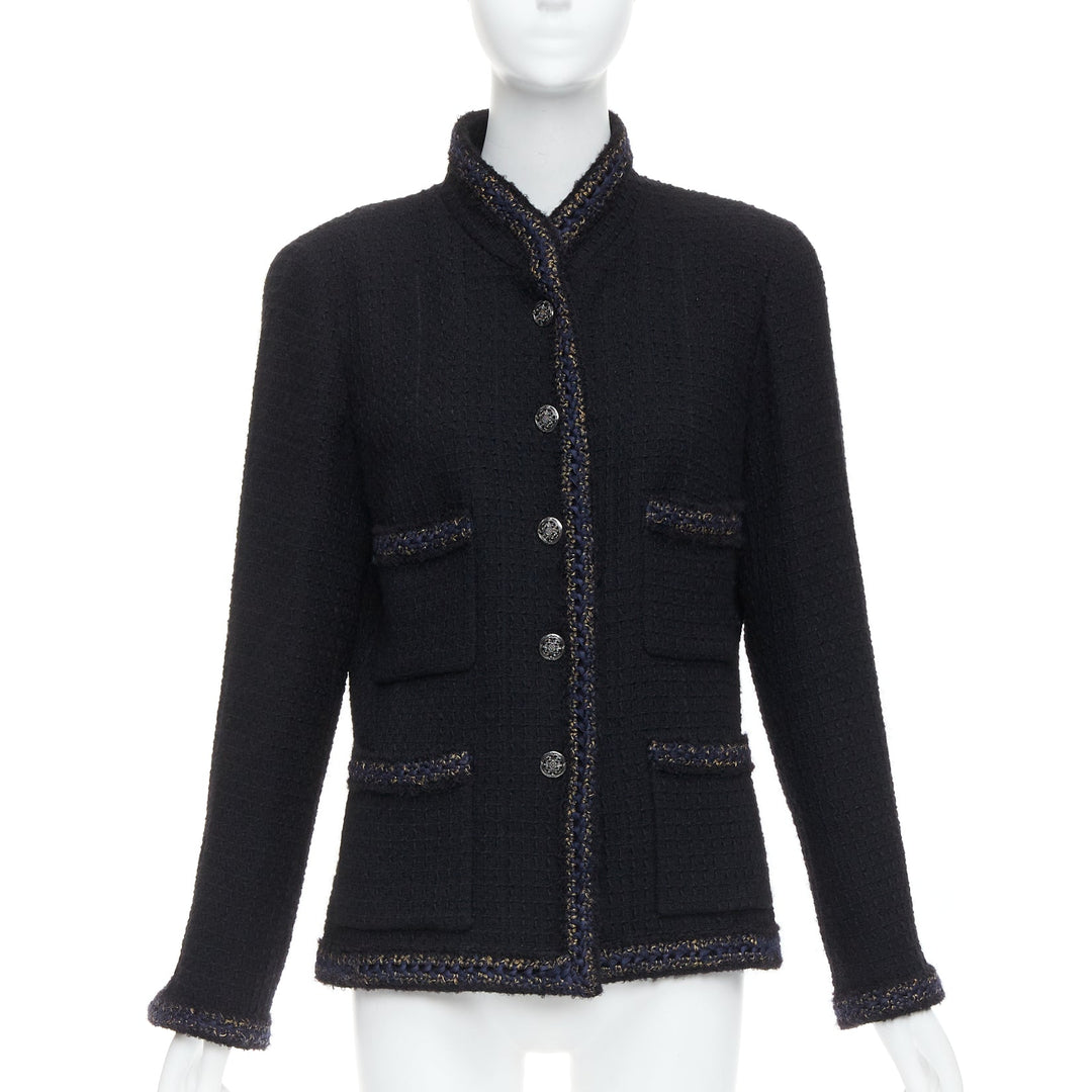 CHANEL 10A Paris Shanghai Runway black tweed crochet trim 4 pocket jacket FR46