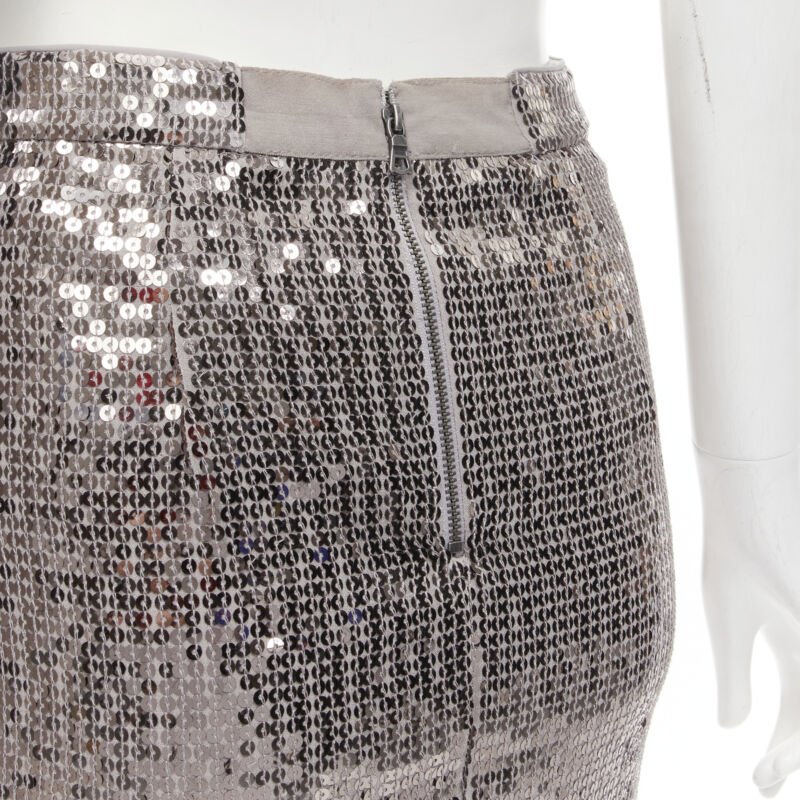 ALICE OLIVIA silver metallic sequins back slit knee length pencil skirt US0 XS