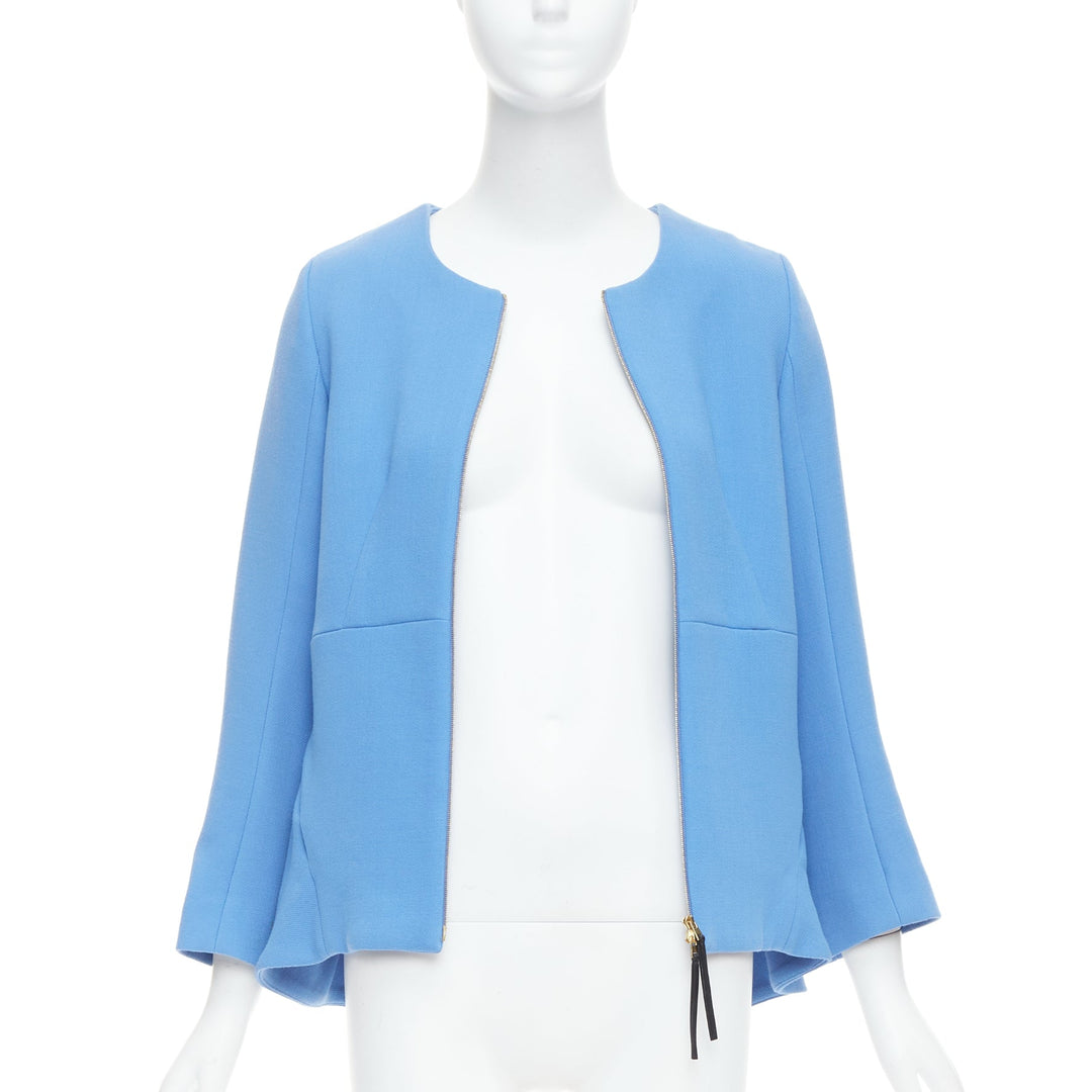 MARNI sky blue virgin wool zip front peplum crew neck coat IT40 S