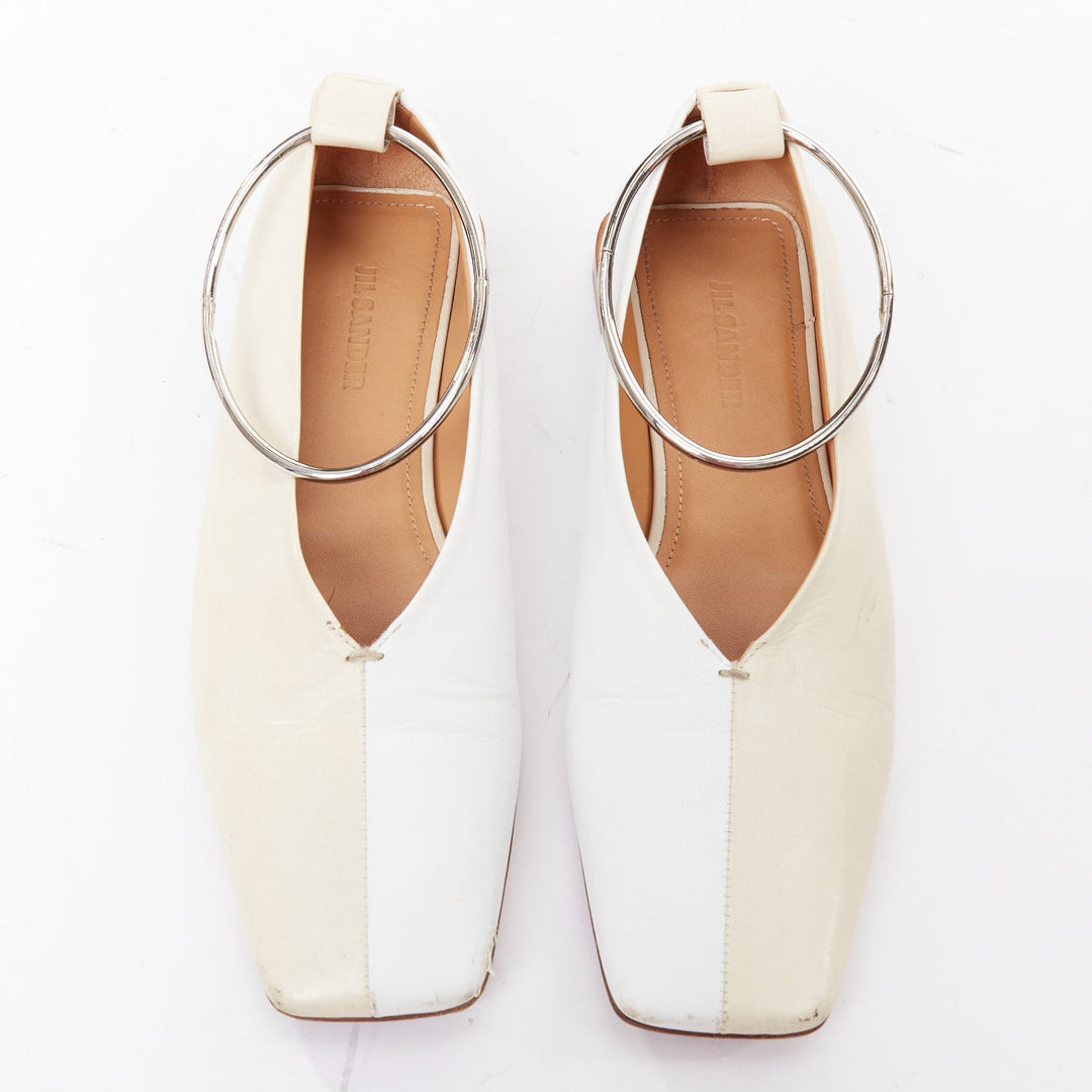 JIL SANDER beige white two tone leather ankle ring ballet flats EU35