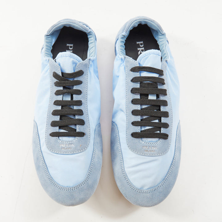 PRADA Collapse ReNylon light blue suede elasticized lowtop sneakers EU41 US8