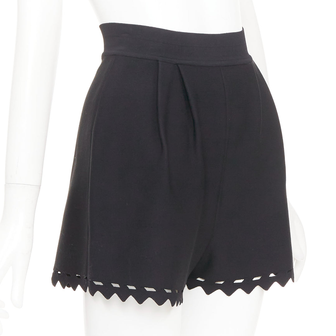 ALAIA black laser cut out high waist scallop edge knit pleated shorts FR36 S