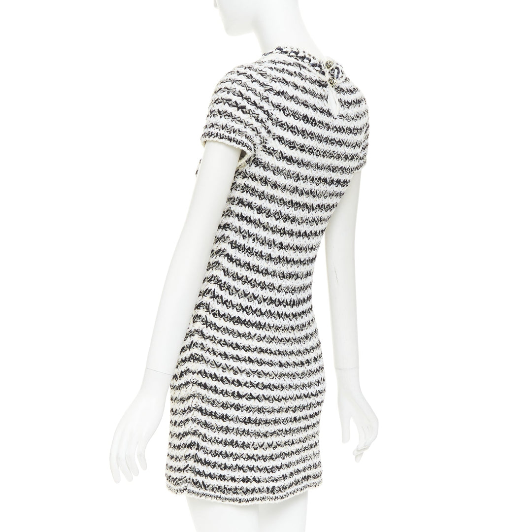 CHANEL 19P black white cotton tweed tweed chunky resin chain trim dress FR34 XS