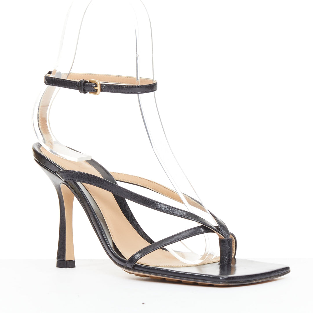 BOTTEGA VENETA Stretch black thong ankle strap square toe heel sandals EU35.5