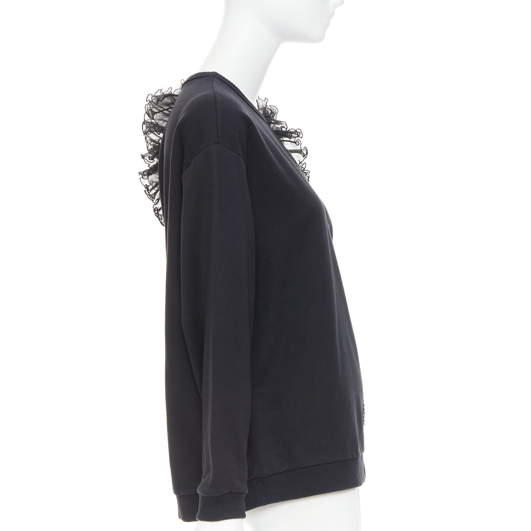CHRISTOPHER KANE black cotton ruffle frill cut out shoulder studded sweatshirt S