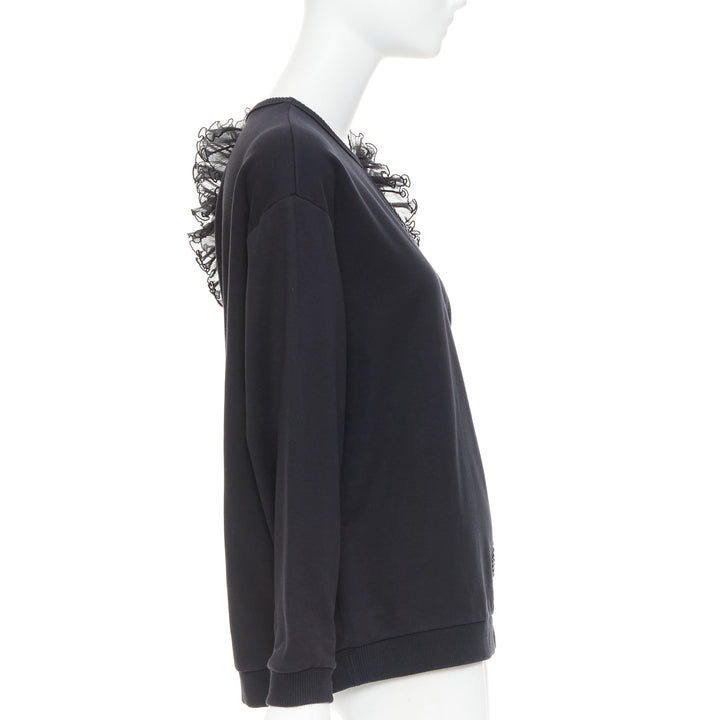 CHRISTOPHER KANE black cotton ruffle frill cut out shoulder studded sweatshirt S